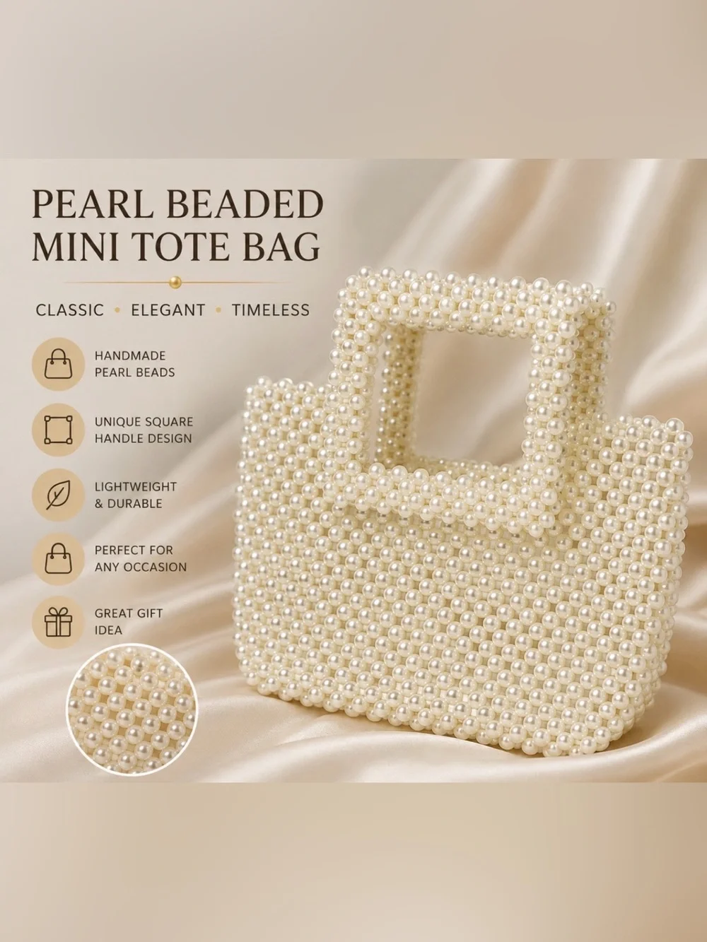 Pearl Beaded Square Handle Tote - Cream - Picture 1 of 6